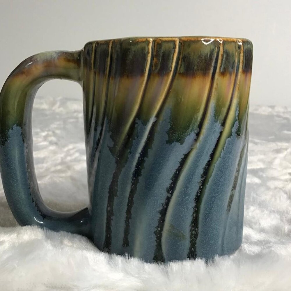 Stoneware Pottery Coffee Mug Drip Blue/Teal w/ Vertical Carved Fluting 12 fl oz. - Picture 2 of 9